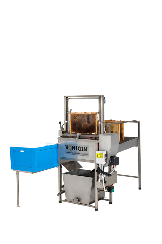 All stainless steel construction, the oscillating blades have hot water circulated through on the inside of them.  Hot water tank holds about 5 L of water.  Digital Temp control.  Counter balanced.  Frame rack holds about 20 frames.