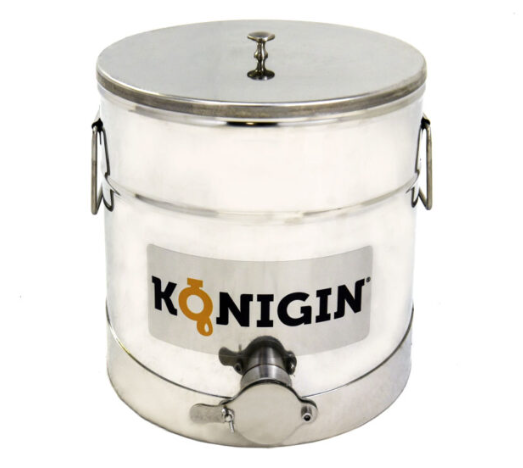 simple honey tank hat fits on a counter top.  All high quality stainless steel.  Integrated handles and lid.  Flat bottom