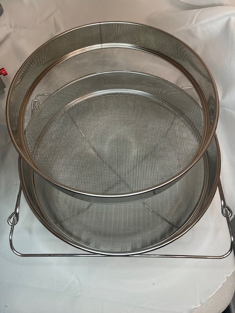 sieve filters out wax from honey. top filters out big pieces, bottom filters out smaller ones. extra large size. 