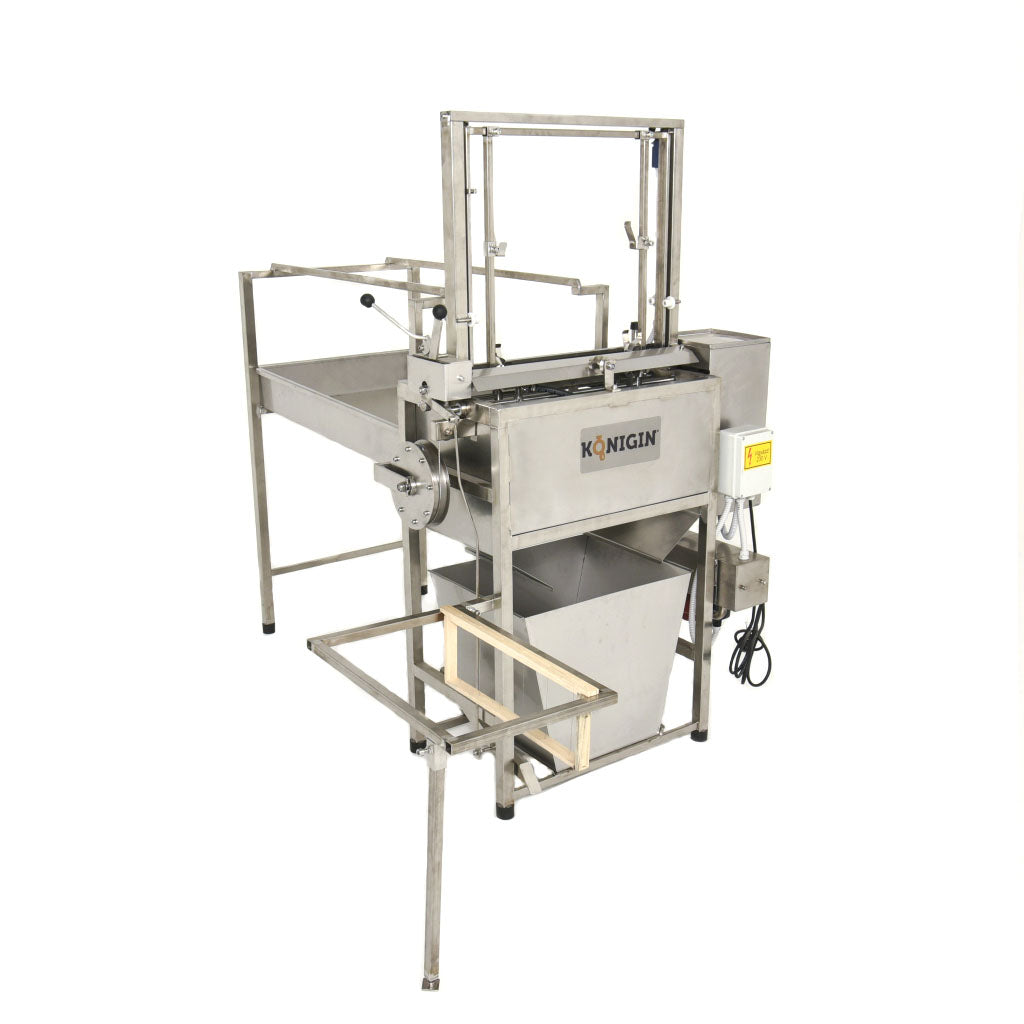 All stainless steel construction, the oscillating blades have hot water circulated through on the inside of them.  Hot water tank holds about 5 L of water.  Digital Temp control.  Counter balanced.  Frame rack holds about 20 frames.
