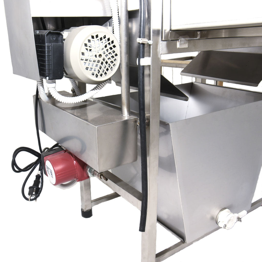 All stainless steel construction, the oscillating blades have hot water circulated through on the inside of them.  Hot water tank holds about 5 L of water.  Digital Temp control.  Counter balanced.  Frame rack holds about 20 frames.