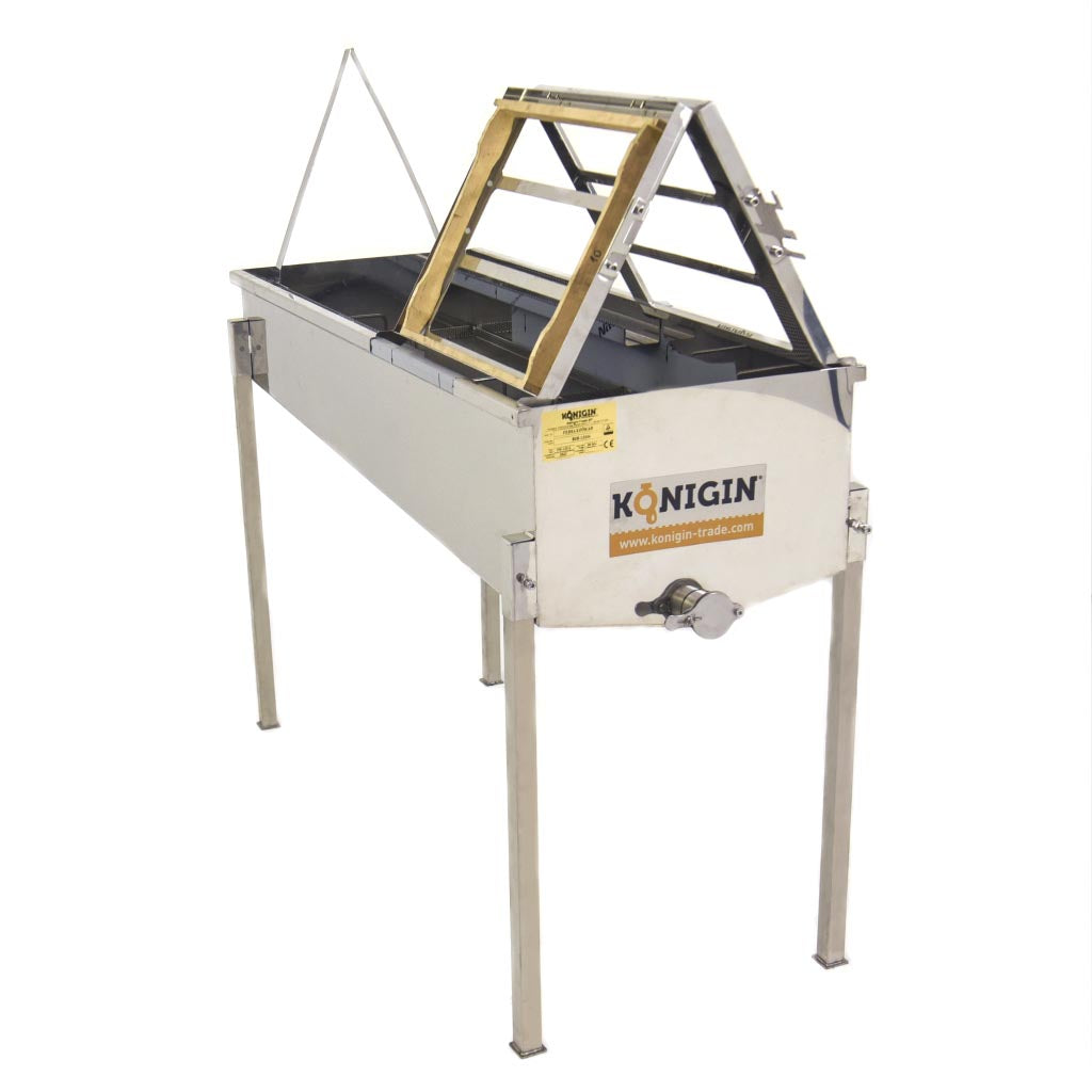 uncapping table for the hobbyist to sideliner beekeper.  2 work stations and 1 frame holder rack.  holds about 12 frames.  For storage, legs are removable, frame rack and A frame fordable. 