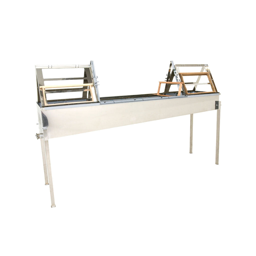 All stainless steel construction.  4 workstation for foring.  Holds about 30 uncapped frames.  perforated tray in the bottom.  work stands foldable and legs are removable for storage. 