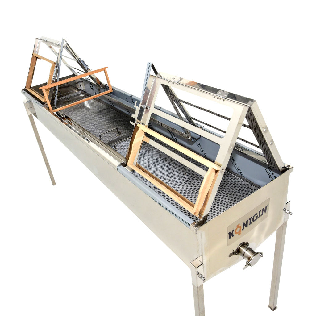 All stainless steel construction.  4 workstation for foring.  Holds about 30 uncapped frames.  perforated tray in the bottom.  work stands foldable and legs are removable for storage. 