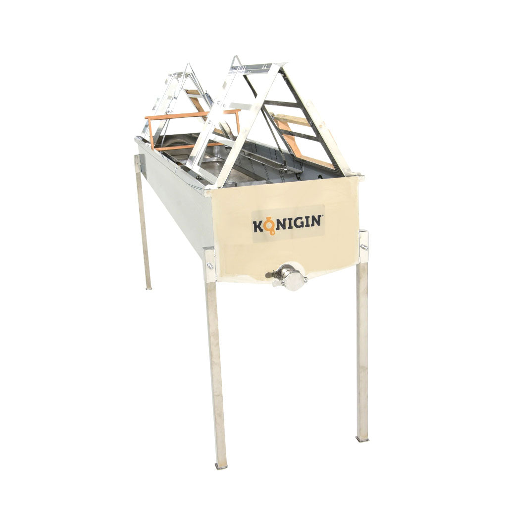 All stainless steel construction.  4 workstation for foring.  Holds about 30 uncapped frames.  perforated tray in the bottom.  work stands foldable and legs are removable for storage. 