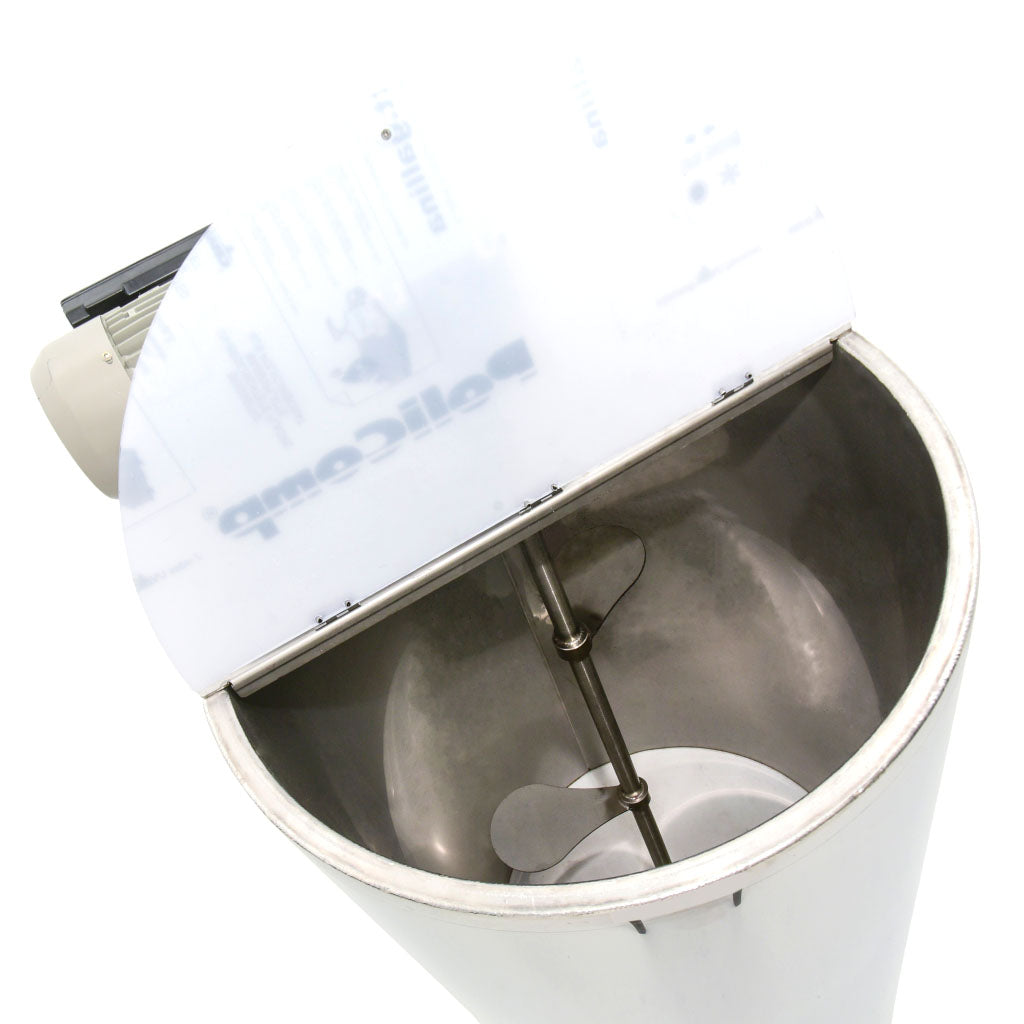 double walled and heated with digital temperature control.  Mixing paddles ingetrated from top.  On legs.  Can be custom made with different outlets to fit screwed or triclamp fittings, ball valves or butterfly valves.