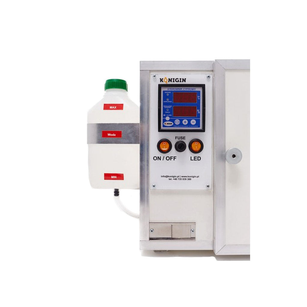 container on the side is for water for moisture control.  Digital temperature control.   Ventilation in the front
