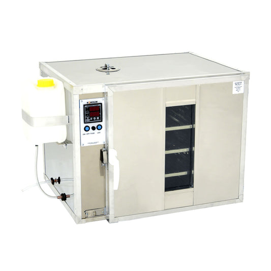 This is our queen cell incubator.  Size reflects accommodation of queens cells placed in individual cages.  Will accommodate significantly more queens cells on bars.  Water container on side for moisture control.  Digital temperature control in front.  Ventilation on top annd in the front.  Easy to clean as it's all stainless steel construction.