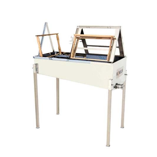 uncapping table for the hobbyist to sideliner beekeper.  2 work stations and 1 frame holder rack.  holds about 12 frames.  For storage, legs are removable, frame rack and A frame fordable. 