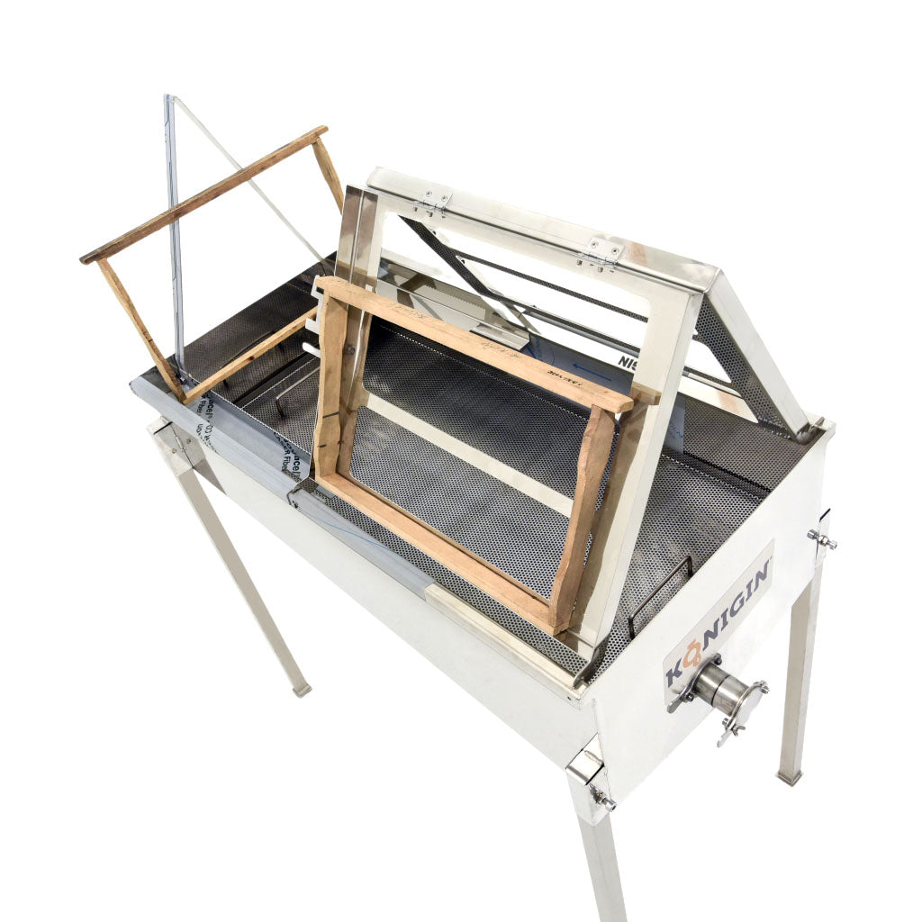 uncapping table for the hobbyist to sideliner beekeper.  2 work stations and 1 frame holder rack.  holds about 12 frames.  For storage, legs are removable, frame rack and A frame fordable. Perforated tray in the bottom.  stainless steel honey gate. 